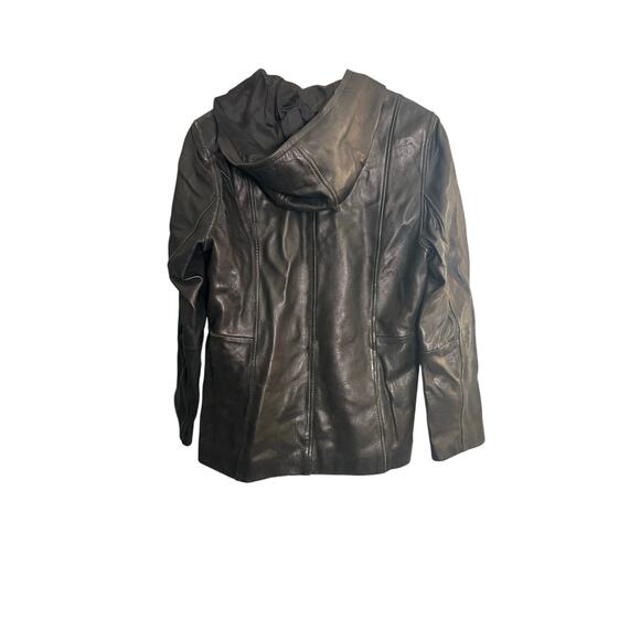 Liz Claiborne Black Leather Hooded Jacket M - Soft Zip-Up Coat - Picture 4 of 4